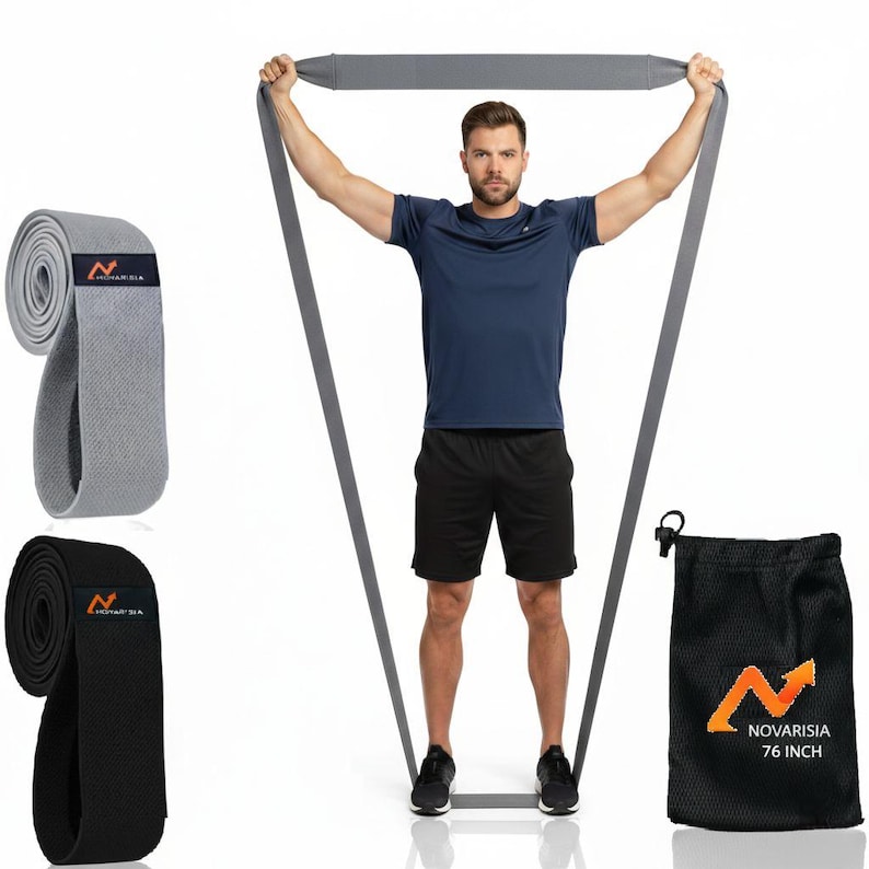 May include: A man demonstrates the use of a gray resistance band, with two rolled bands in gray and black. A black bag with the text "NOVARISIA 76 INCH" and a logo is also shown. The man is wearing a blue shirt and black shorts.
