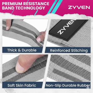 May include: Gray resistance bands with dark gray stripes. The bands are labeled "Thick & Durable", "Reinforced Stitching", "Soft Skin Fabric", and "Non-Slip Durable Rubber". The brand name "ZYVEN" is also visible.