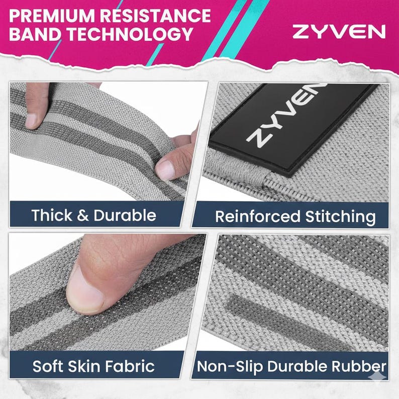 May include: Gray resistance bands with dark gray stripes. The bands are labeled "Thick & Durable", "Reinforced Stitching", "Soft Skin Fabric", and "Non-Slip Durable Rubber". The brand name "ZYVEN" is also visible.