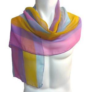 Vintage Echo Silk Scarf – Pastel Rainbow Stripe Design – 17” x 62”, Made in USA