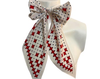 Vintage Vera Long Scarf – Red, White & Dark Blue Geometric – 7” x 62”