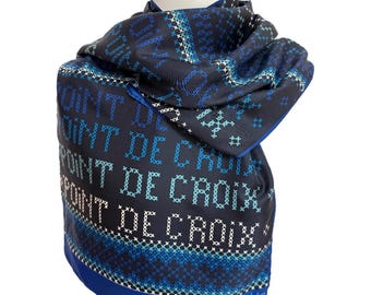 Vintage Echo Scarf – Blue “Point de Croix” Cross-Stitch Print – 15" x 46"
