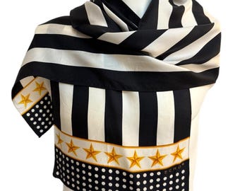 Echo Japan Silk Scarf – Black & White Stripes Gold Stars and Polka Dots