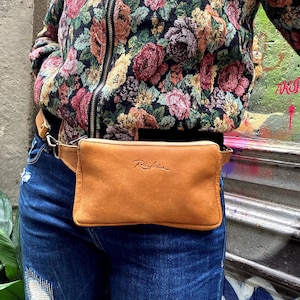 Sac banane en cuir marron clair pour femme ou homme. Moutarde, sac ceinture marron clair, sac banane en cuir marron clair, sac bandoulière en cuir. Porte-monnaie en cuir jaune moutarde