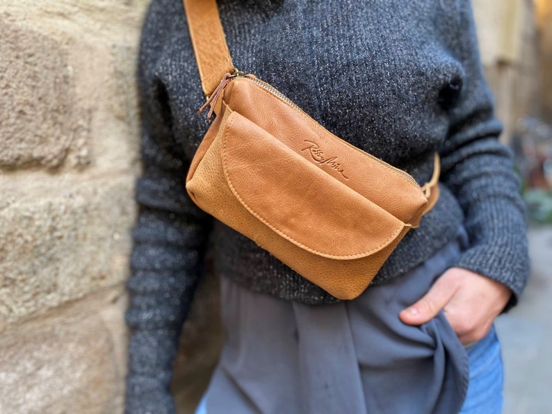 tan leather fanny pack, soft purse, crossbody tan bag