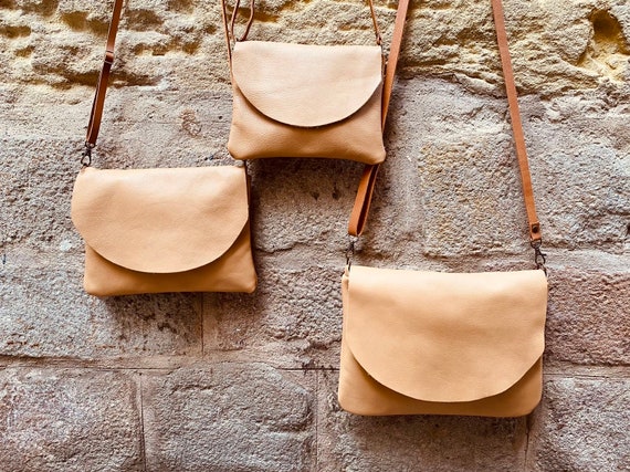 Small Beige Leather Crossbody Purse. Soft Beige Leather Bag 