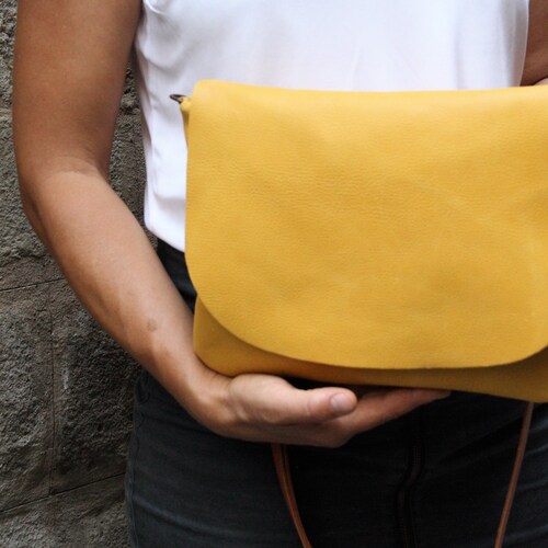 Mustard Yellow Leather Big Crossbody Bag. Soft Leather Simple Etsy