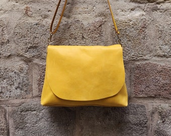 Mustard Yellow Leather Big Crossbody Bag. Soft Leather Simple Everyday Leather Purse With Zipper and Flap for Women. Soft and Lightwight Bag