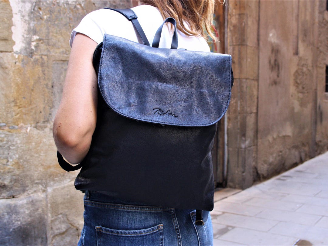Handmade Black Leather Backpack: Minimalist Flap Rucksack - Etsy display picture 2