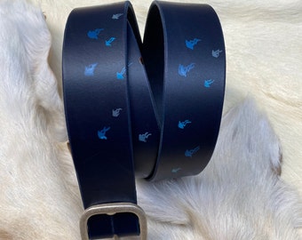 Dark Blue Leather Belt with  Jellyfish Whale and Sea Turtle. Gift for Sea and Ocean Lovers. Unisex Non Gender Belt. Handpaitned