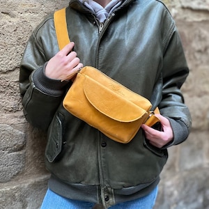 leatheryellow fanny pack, belt bag wide strap