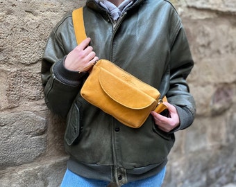 Mustard Yellow Leather Fanny Pack / Belt Bag for Women or Men.  Crossbody Leather Bum Bag. Yellow Chest Bag. Mustard Sling Bag Yellow Bumbag