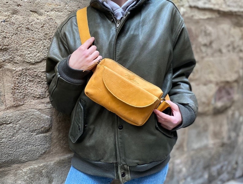 leatheryellow fanny pack, belt bag wide strap