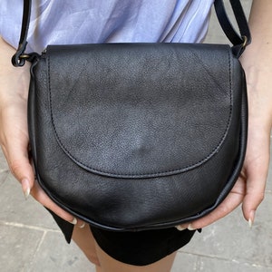 Small Black Soft Leather Crossbody Round Bag Purse for Women, Flap Black Half Moon Leather Women Handbag. Everyday Small Simple Black Purse