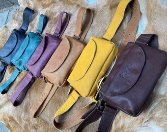 Leather Fanny Pack for Women | Men Tan Black Yellow Green Brown Wine Color Leather Sling Bag. Leather Soft Wide Belt Bag. Crossbody Belt Bag