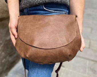 Handmade Leather Crescent Bag: Rounded Shoulder Flap Purse. Half Moon Crossbody bag