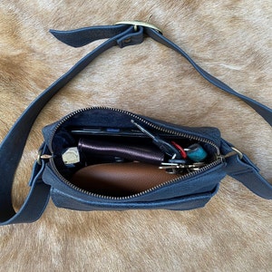 blue leather fanny pack belt bag