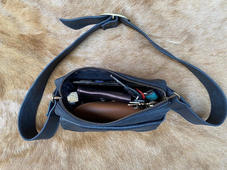 blue leather fanny pack belt bag