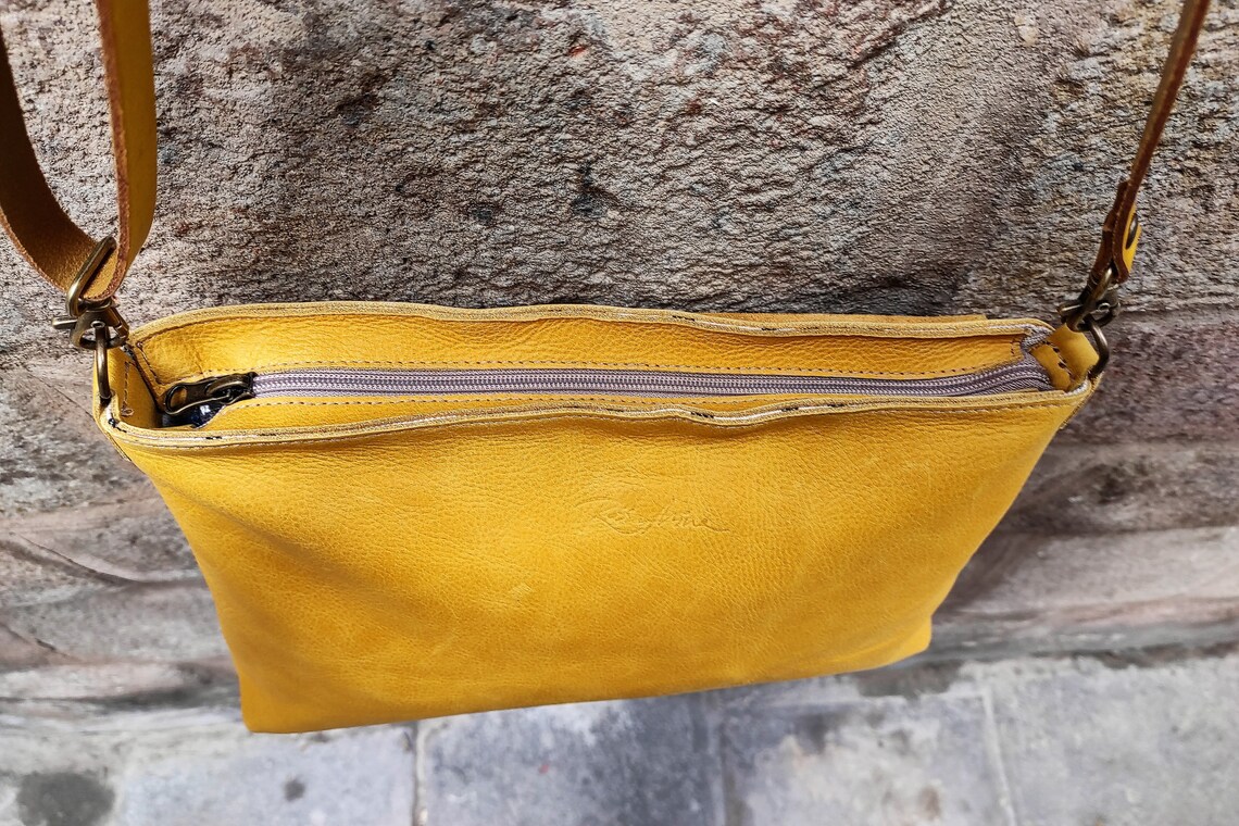 Mustard Yellow Leather Big Crossbody Bag. Soft Leather Simple Etsy