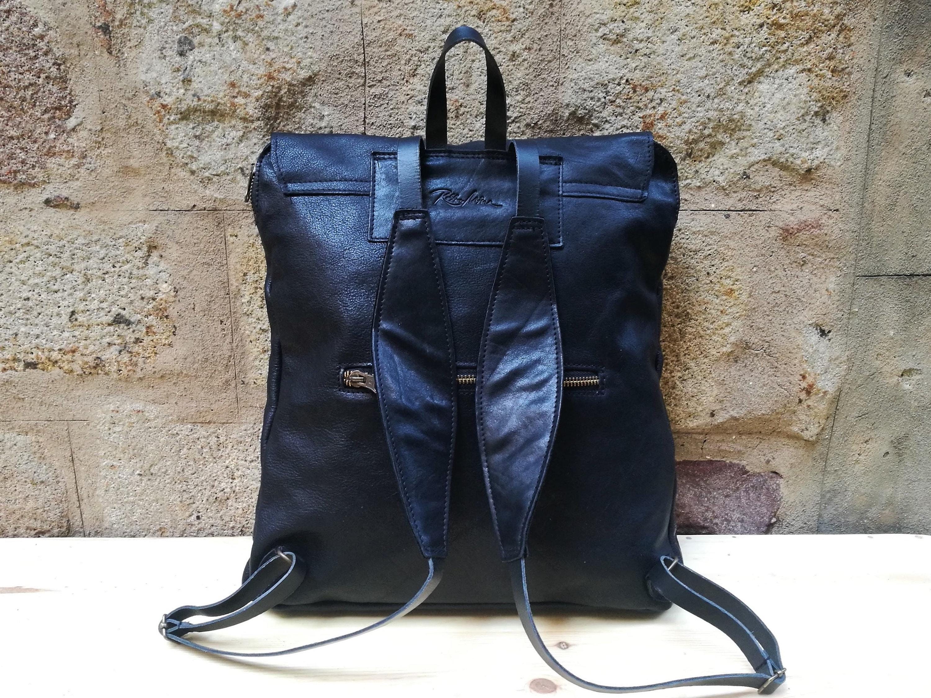 Handmade Black Leather Backpack: Minimalist Flap Rucksack - Etsy