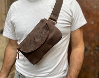Minimalist Brown Leather Fanny Pack: Soft Italian Leather Belt Bag