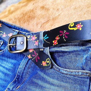 Woman Leather Handmade Belt  Dragonflies. Belt for Jeans & Dress. Black, Brown Teal  Leather Belt. Kids, Girls Leather Belt. Gift for women