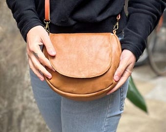 Tan Leather Crescent Shoulder Bag: Small Minimalist Crossbody