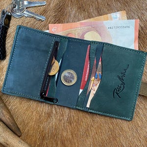 Green Leather Wallet. Green Soft and Natural Leather Slim Bifold Men's Wallet. Ocean Green Nongender Wallet