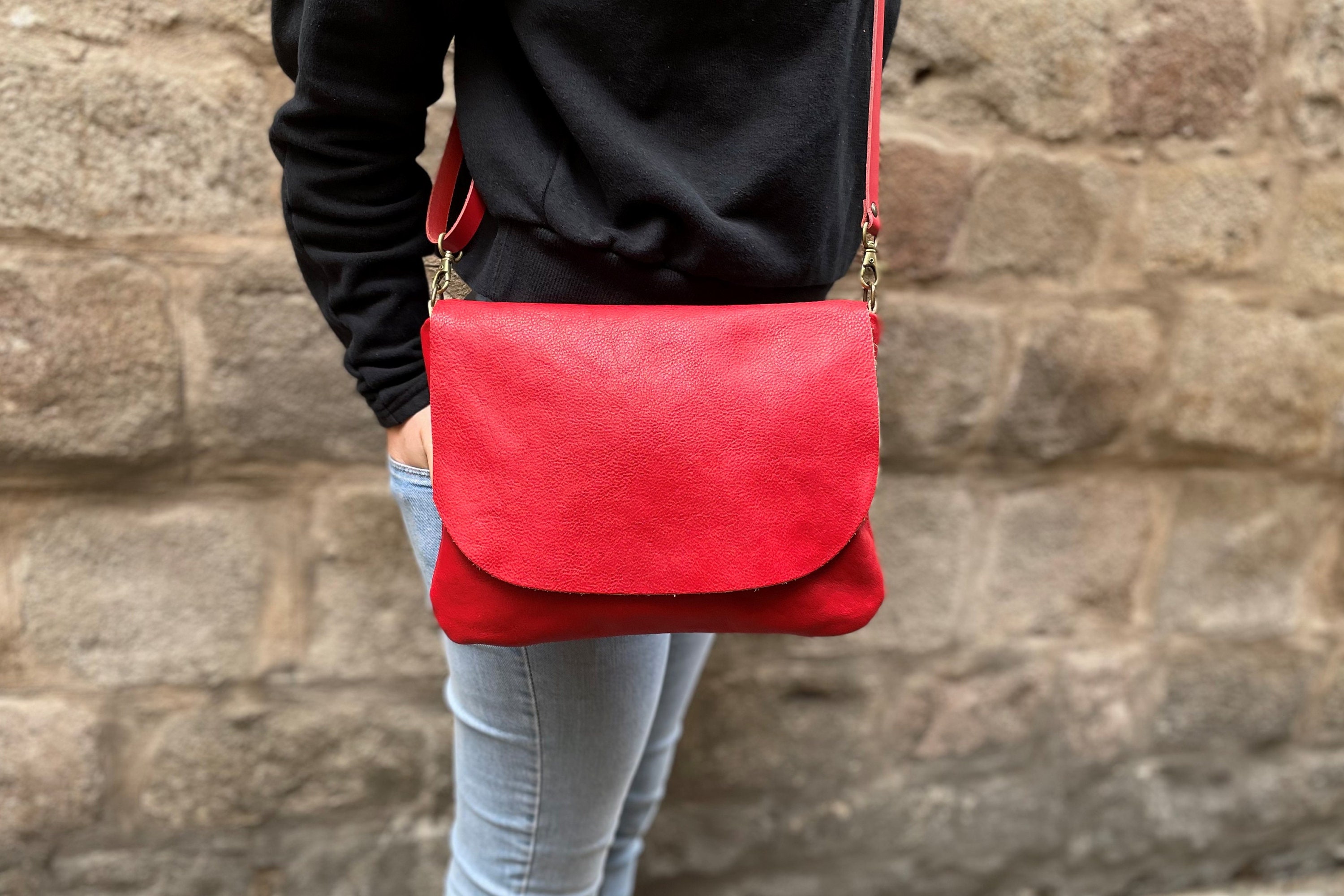 Small or Medium Size Red Leather Crossbody Bag Red Rectangle 