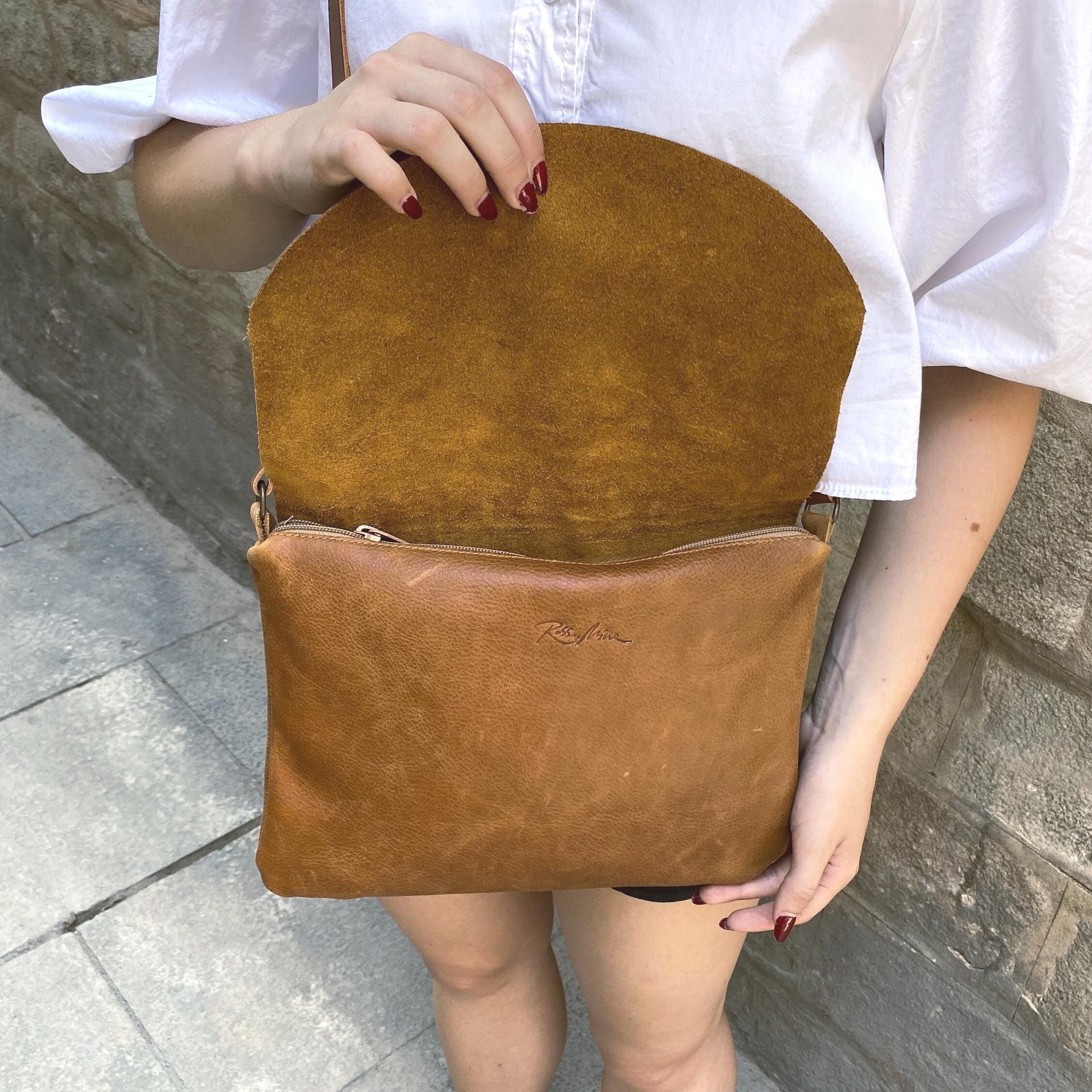 Handmade Tan Leather Crossbody Bag: Soft Leather Flap Purse 