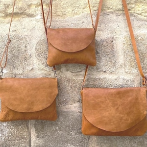 Handmade Tan Leather Crossbody Bag: Soft Leather Flap Purse