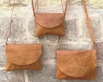 Handmade Tan Leather Crossbody Bag: Soft Leather Flap Purse