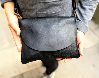 Black Leather Crossbody Bag: Handmade Italian Cowhide Shoulder Bag