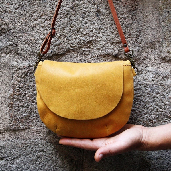 Small Round Mustard Yellow Crossbody Bag. little Yellow Women Purse. Slim Minimalist Lady Everyday Leather Bag. Gift For Her, Mini bag