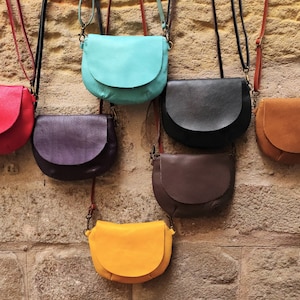 Small Round Leather Bag. Black Women Purse. Mini Crossbody Tan Leather Bag. Moon Bag. Mustard purse. Soft blue bag.  Small purple bag. Red