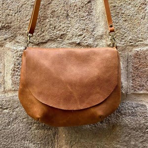 Round Soft Leather Crossbody Bag: Lightweight Half Moon Flap Purse. Handmade Crescent Bag