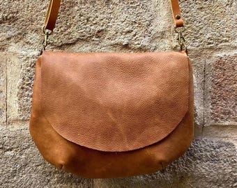 Round Soft Leather Crossbody Bag: Lightweight Half Moon Flap Purse. Handmade Crescent Bag