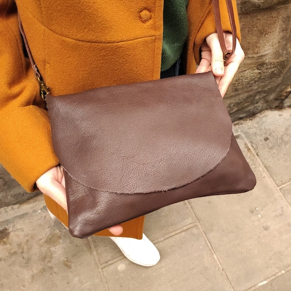 Small or Medium Size Dark Brown Leather Crossbody Bag for Women. Simple Lady's Purse with Flap Handmade with Natural Soft chocolate Leather