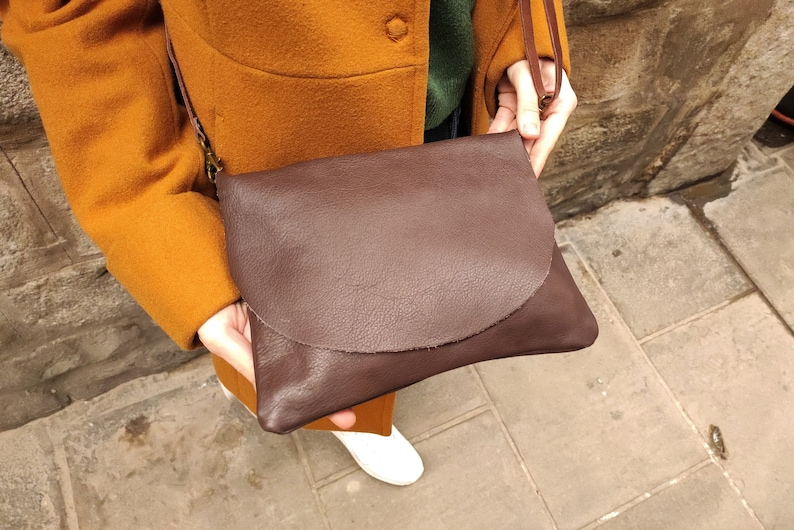 Small or Medium Size Dark Brown Leather Crossbody Bag for Women. Simple Lady's Purse with Flap Handmade with Natural Soft chocolate Leather MEDIUM