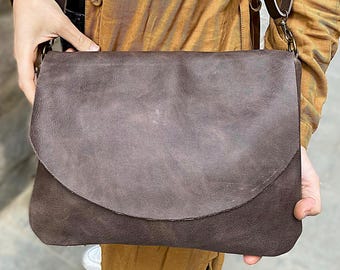 Handmade Dark Brown Leather Crossbody Bag: Soft Flap Purse , Chocolate Bag