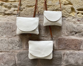 Small Ivory Crossbody Purse. Soft  Leather Bag for Woman. Simple Minimalist Flap Purse. Girl and Lady Leather Bag