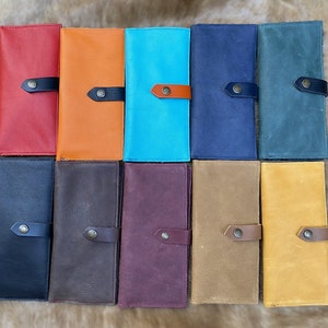 Cartera Grande para Mujer de Piel. Cartera Color Cuero, Turquesa, Naranja, Amarillo Mustaza. Monedero Grande Mujer de Piel hecha a Mano