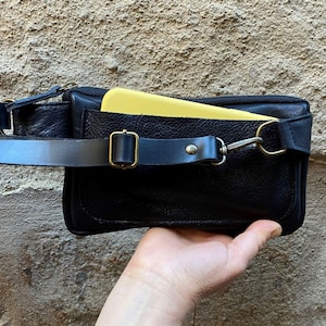 Minimalist Black Leather Fanny Pack/ Black Leather Bumbag/ Black Waist Bag with Zipper, Leather Belt bag Custom leather fanny pack, flat bag image 8