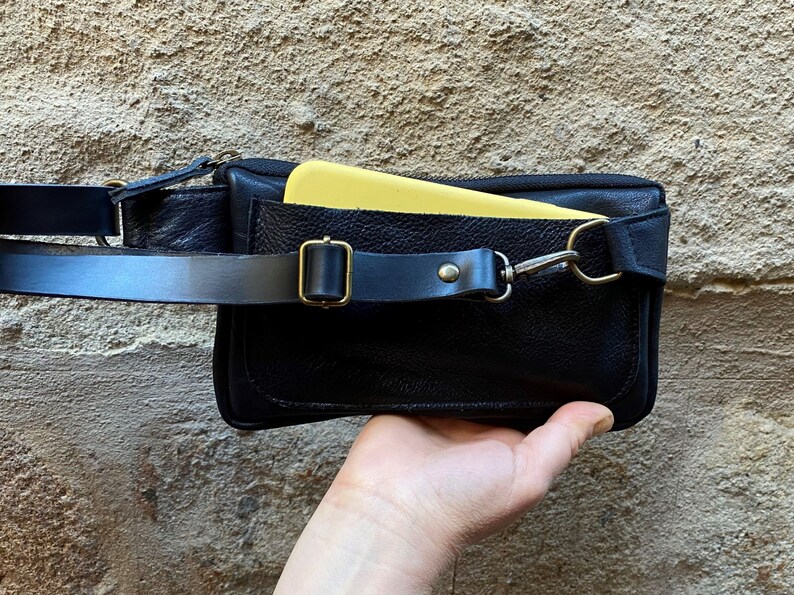 Minimalist Black Leather Fanny Pack/ Black Leather Bumbag/ Black Waist Bag with Zipper, Leather Belt bag Custom leather fanny pack, flat bag image 8