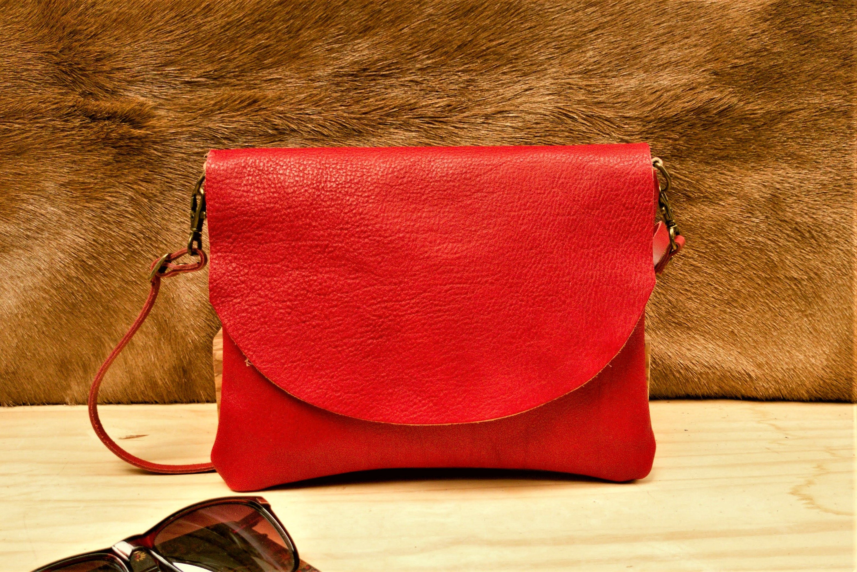 Red Leather Small Flap Square Crossbody Bag Purse