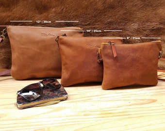 Handmade Tan Leather Crossbody Bag: Small/Medium Zippered Purse or Clutch