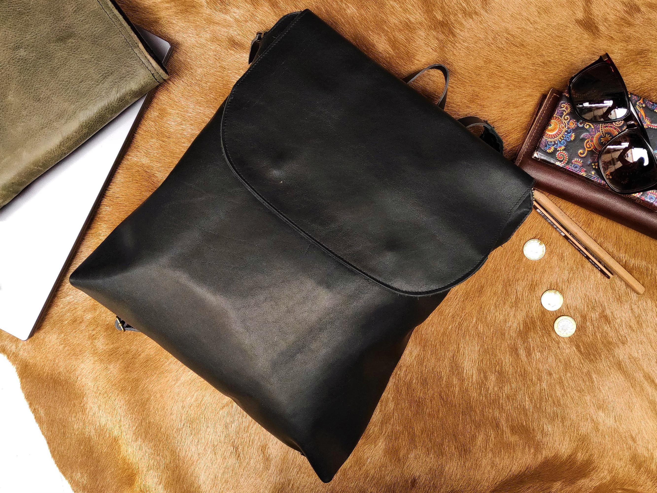 Handmade Black Leather Backpack: Minimalist Flap Rucksack - Etsy display picture 2