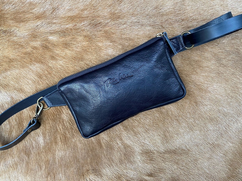 Minimalist Black Leather Fanny Pack/ Black Leather Bumbag/ Black Waist Bag with Zipper, Leather Belt bag Custom leather fanny pack, flat bag image 2