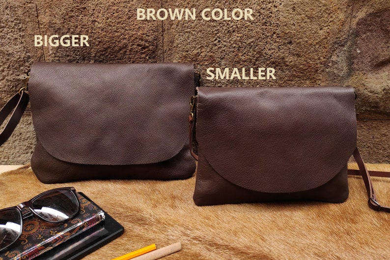 Small or Medium Size Dark Brown Leather Crossbody Bag for Women. Simple Lady's Purse with Flap Handmade with Natural Soft chocolate Leather image 7