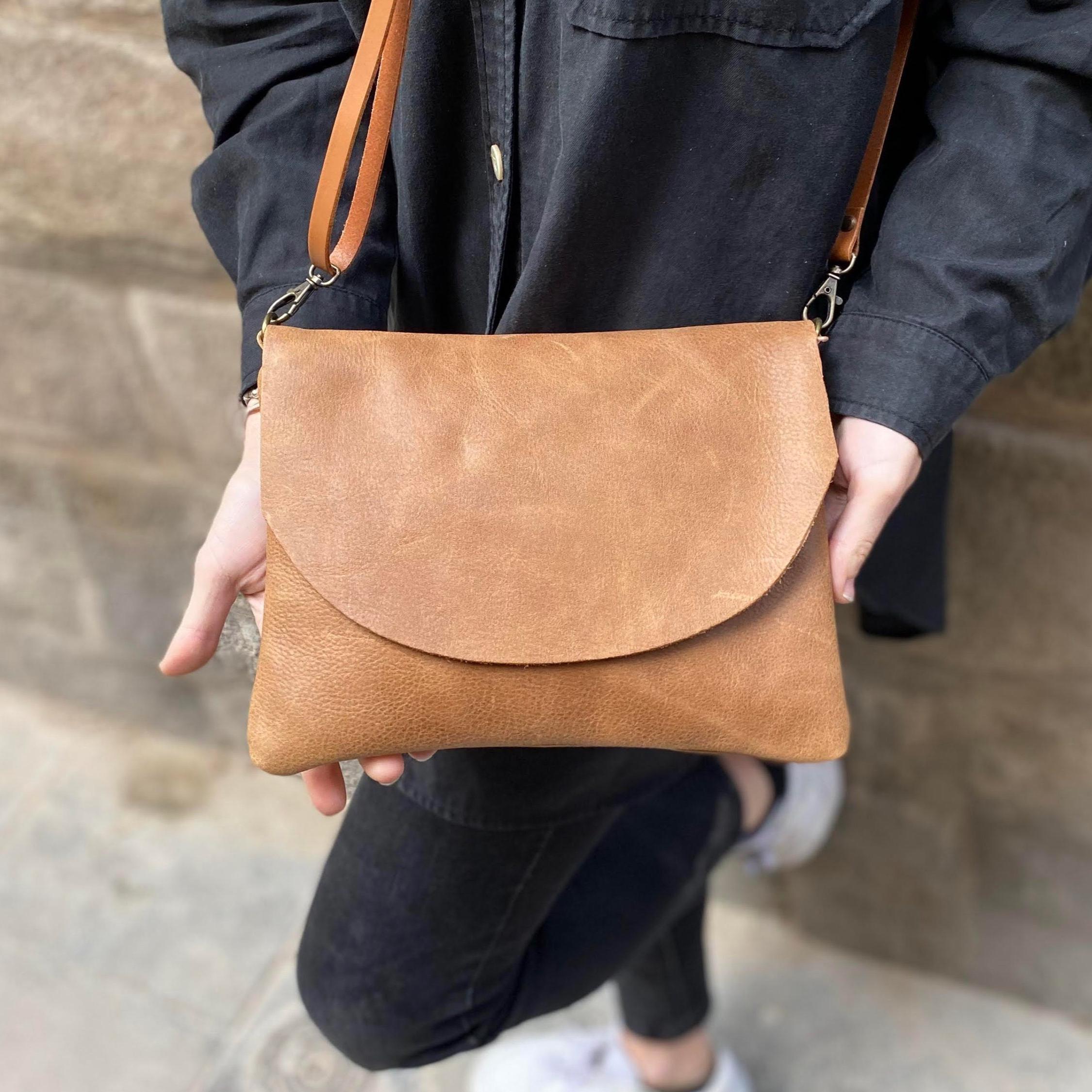 Handmade Genuine Leather Crossbody Bag (Light Caramel / Toffee Color) Handmade Tan Leather Crossbody Bag: Soft Leather Flap Purse  main image 4